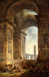Ruines avec un obélisque au loin
